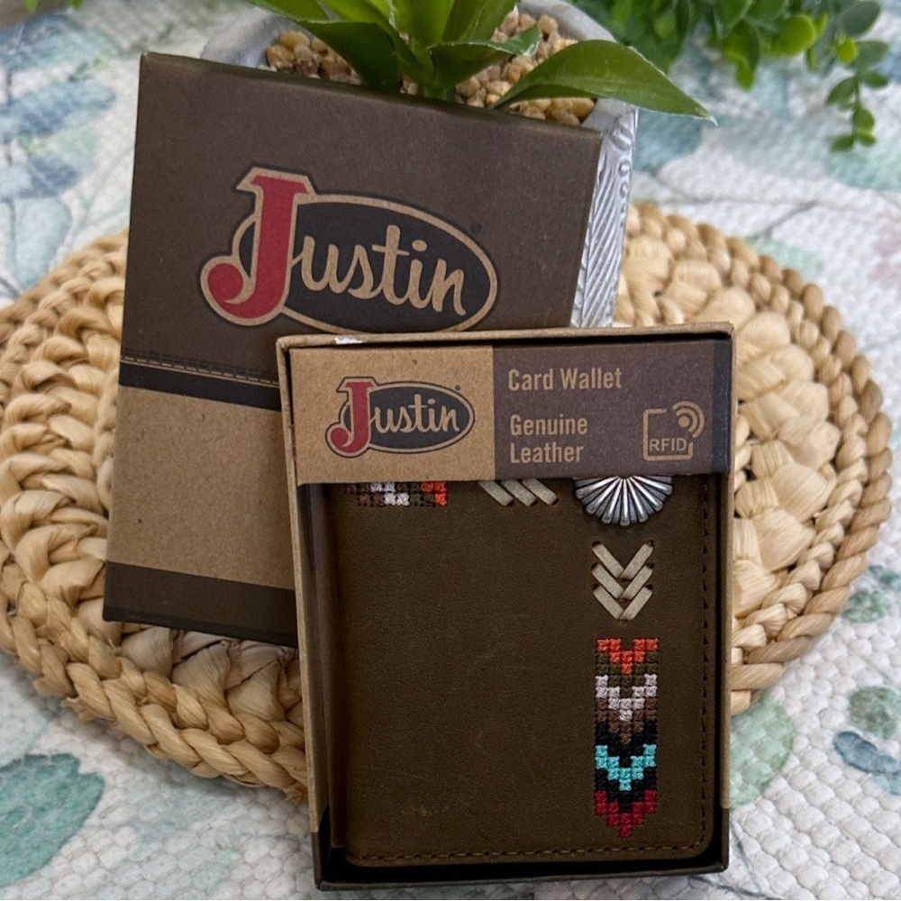 New Justin Boots Genuine Leather Card Wallet Tribal Western Colorful Embroidery